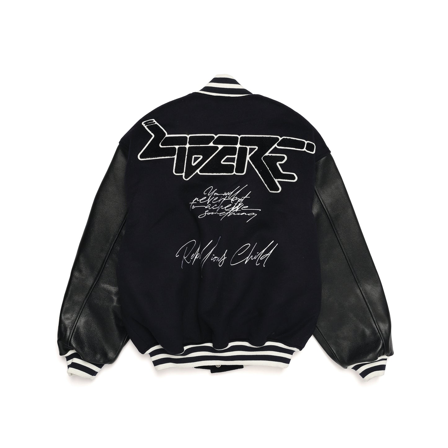 LEATHER SLEEVE STADIUM JACKET / NAVY
