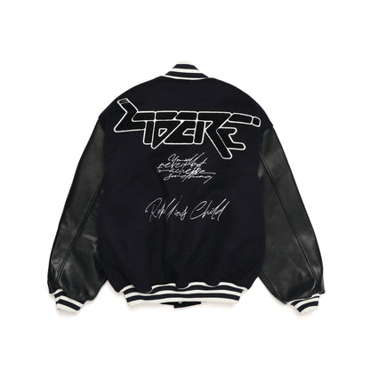 LEATHER SLEEVE STADIUM JACKET / NAVY