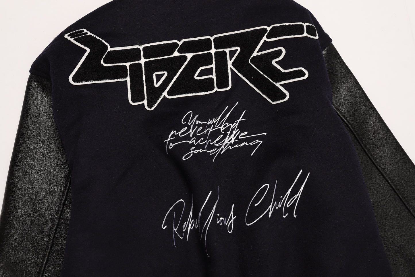 LEATHER SLEEVE STADIUM JACKET / NAVY