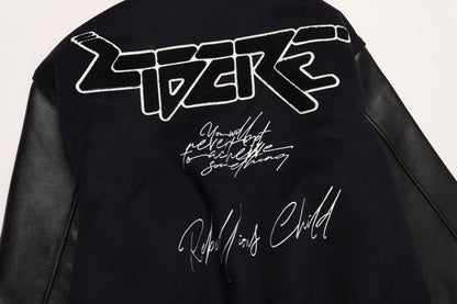 LEATHER SLEEVE STADIUM JACKET / NAVY