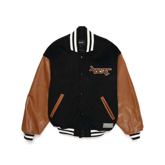 LEATHER SLEEVE STADIUM JACKET / BLACK