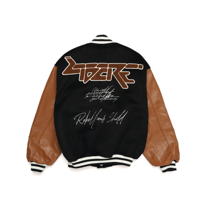 LEATHER SLEEVE STADIUM JACKET / BLACK